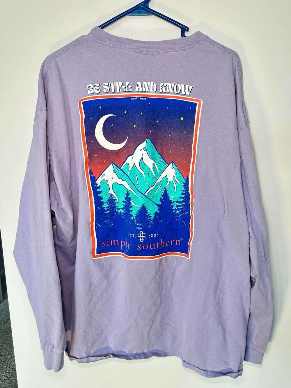 Simply Southern Long Sleeve T-Shirt Be Still and Know Mountain Moon Lilac XX-Lar